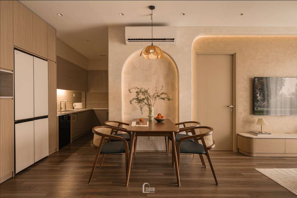 Phòng bếp trong dự án thiết kế thi công nội thất chung cư The Beverly phong cách Japandi mix Wabi Sabi
